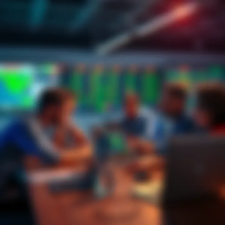 A group of people at a table looking at laptops and discussing sports betting strategies involving AI technology.