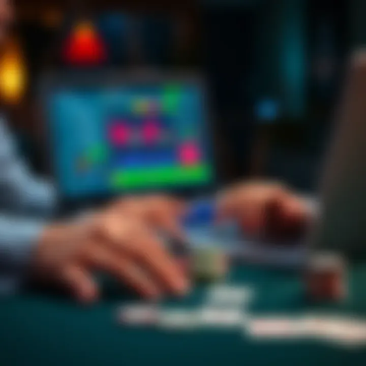 A person using a laptop to analyze poker strategies, with poker chips and cards on the table, showcasing the use of AI in improving game decisions.