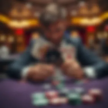 A person at a casino table with cards and chips, showing a sly expression while holding hidden cards, reflecting shady gambling practices.