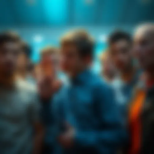 A group of people looking intrigued while one person gestures for attention, emphasizing social dynamics.