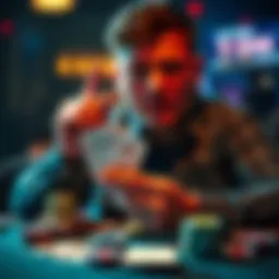 A poker player contemplating a check-raise move on a flop with potential draws, focused on their hand and the community cards.