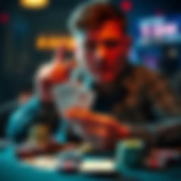 A poker player contemplating a check-raise move on a flop with potential draws, focused on their hand and the community cards.