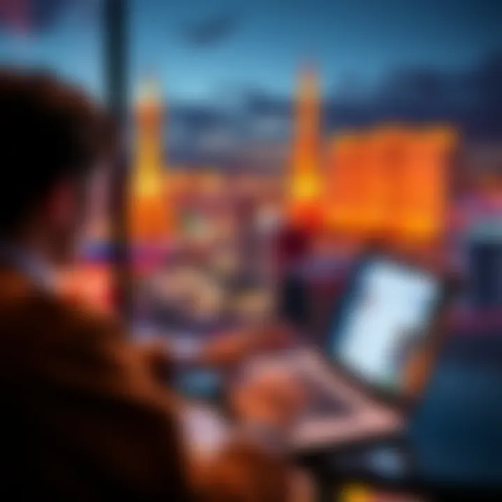 A person looking at a hotel booking website on a laptop with Las Vegas skyline in the background