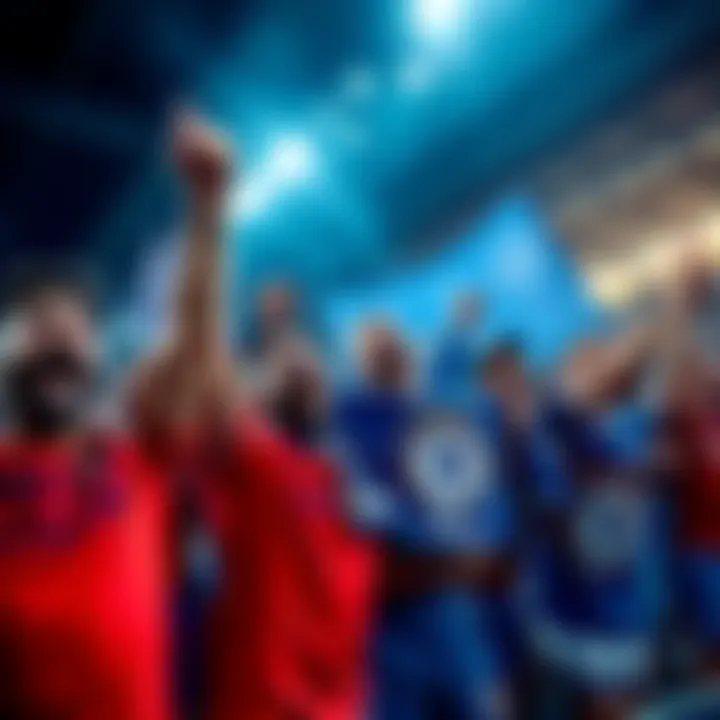 A group of enthusiastic Chelsea fans celebrating during a match, showing team colors and banners.