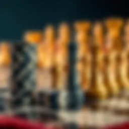 A chessboard with chess pieces beside a stack of poker chips, symbolizing the strategic depth of STUD8 poker compared to NLHE.