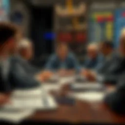 A group of people debating over sports betting regulations in a Chicago setting, with concerned expressions and documents on the table.