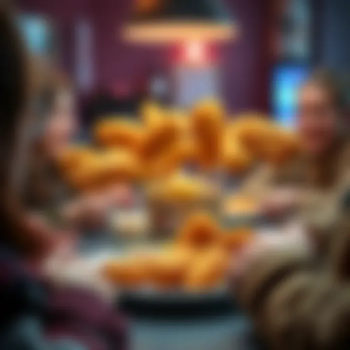 A plate of 10 chicken nuggets with dipping sauce, surrounded by people discussing their dinner preferences.