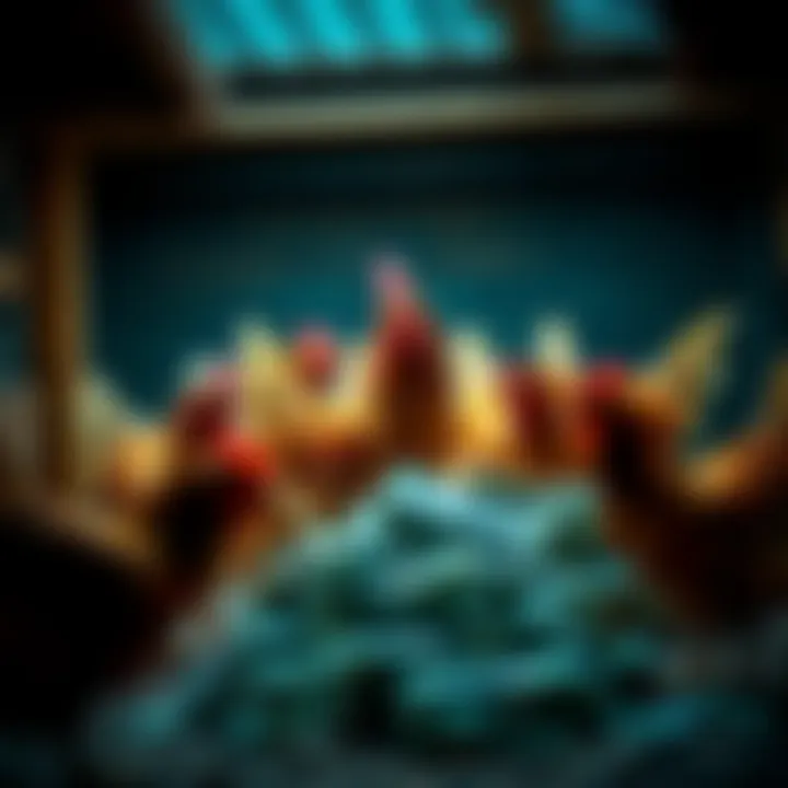 Chickens in a coop with a pile of money nearby, representing the poultry market and finances