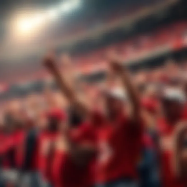 Excited Chiefs fans wearing team colors cheer in a packed stadium, showing support for their team before the game against the Bills.