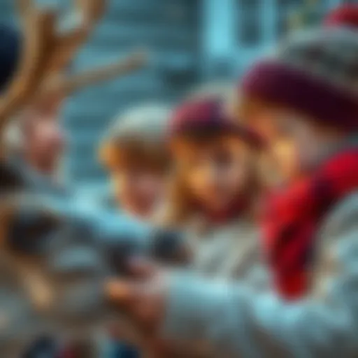 A family discusses which reindeer to buy shares in, looking excited and curious