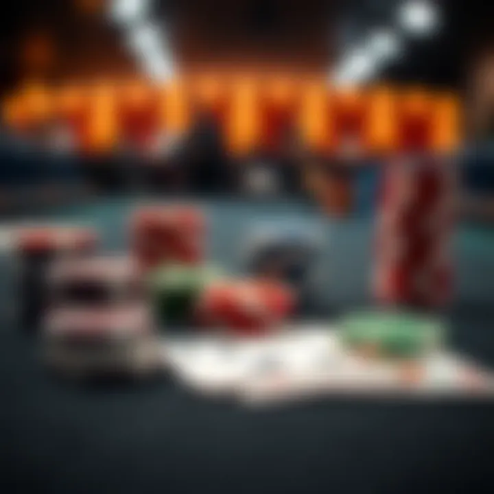 A close-up of poker chips and playing cards arranged neatly on a gaming table, showing a quiet atmosphere of acceptance in a card game.