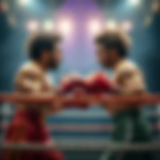 Chiwiwi in a boxing ring facing Font, showcasing contrasting styles and experience levels, with an intense atmosphere around them.