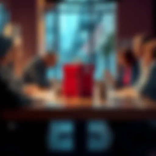 A table with two items representing choices, with people discussing their opinions around it.