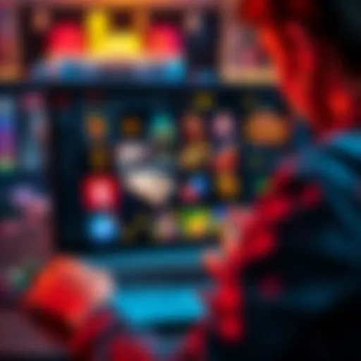 A person looking at a laptop screen displaying various online casino games and ratings.