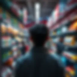 A person looking at different products in a store, considering choices to make a decision