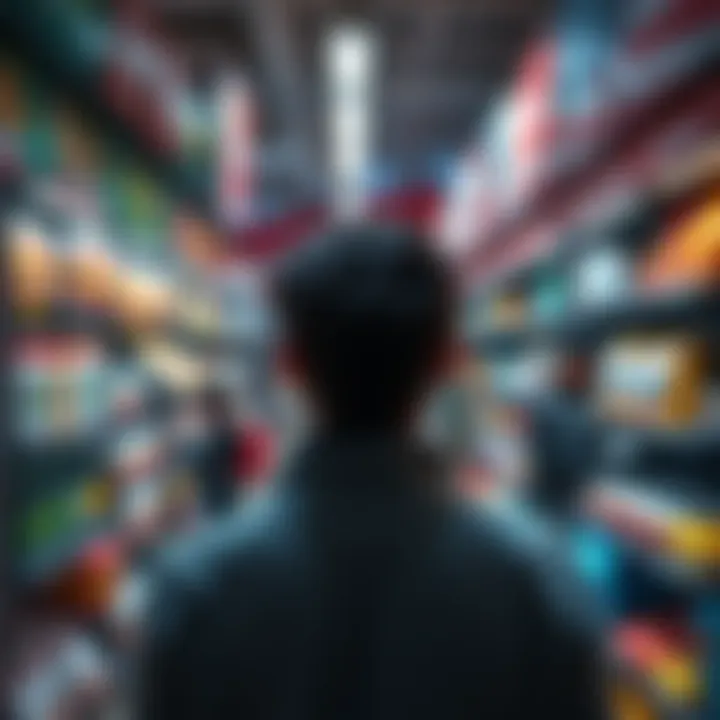 Choosing between options A person looking at different products in a store, considering choices to make a decision