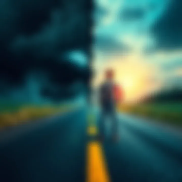 A person standing at a fork in the road, contemplating two paths: one dark and stormy, the other bright and clear.