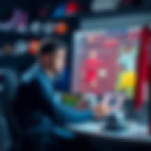 A person analyzing sports teams and placing bets on a computer, with sports gear in the background.