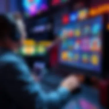 A person sitting at a computer selecting different online slot games, with colorful game icons on the screen