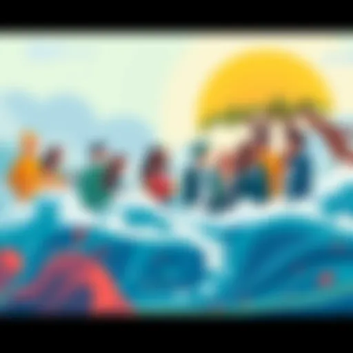 A vibrant illustration showing people engaged in discussions about Choppy trends and developments, with elements of water waves symbolizing change.