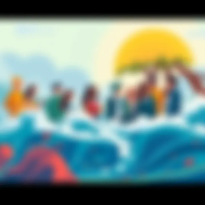 A vibrant illustration showing people engaged in discussions about Choppy trends and developments, with elements of water waves symbolizing change.