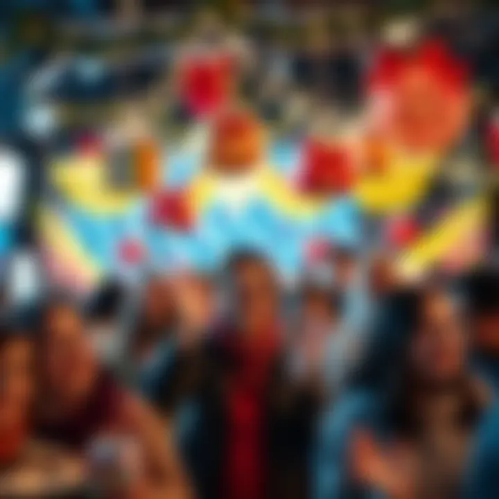 People excitedly participating in a Christmas giveaway event, surrounded by festive decorations and holiday cheer.