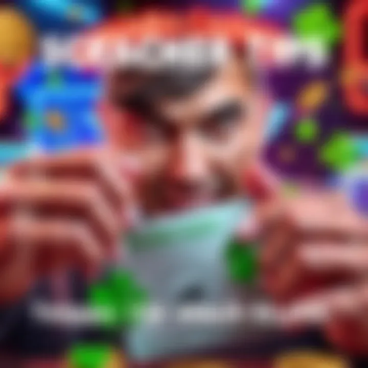 A person scratching a Chumba Casino lottery ticket with a look of excitement, surrounded by lucky symbols like four-leaf clovers and coins.