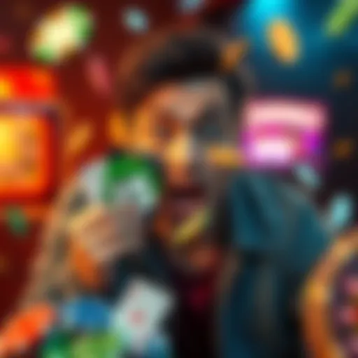 A person looking surprised while holding a $5 Chumba gift card, surrounded by casino elements like chips and cards, showing emotions of excitement and disappointment.
