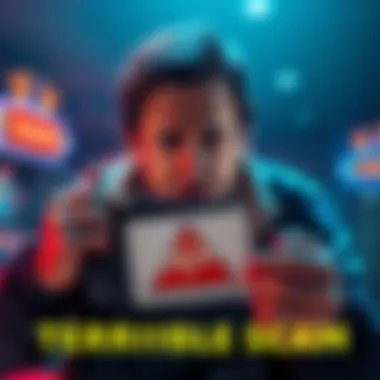 Graphic showing a worried person looking at their empty wallet, with a warning sign about gaming losses linked to Chumba