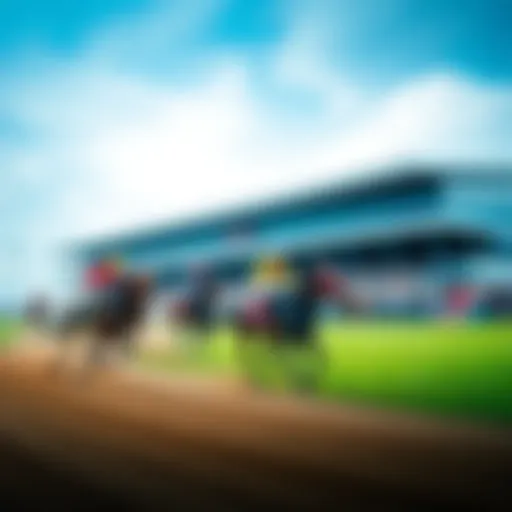 A view of racers competing at Churchill Downs with a crowd in the background