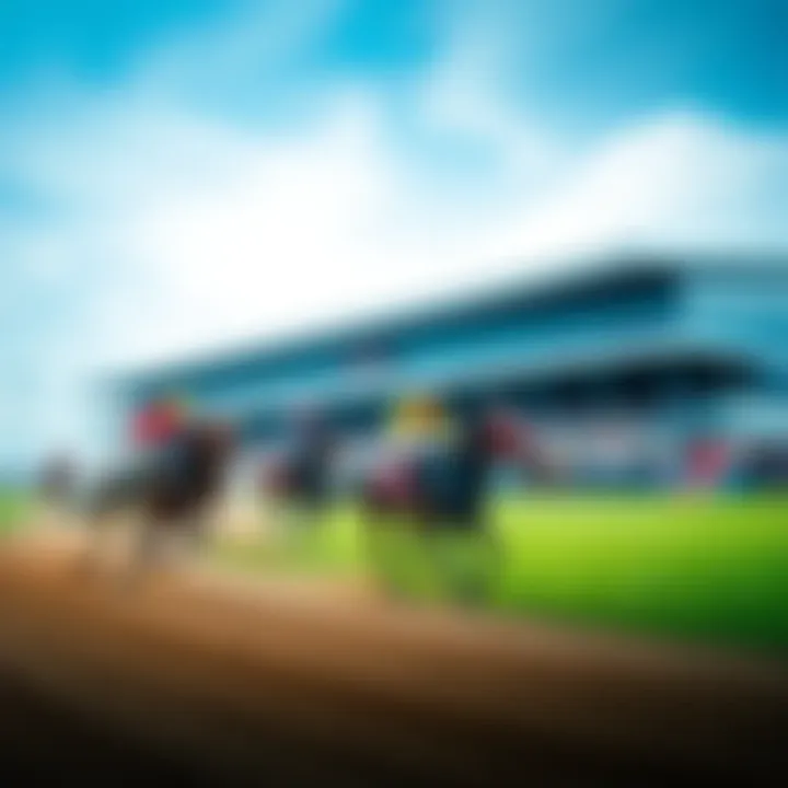 A view of racers competing at Churchill Downs with a crowd in the background