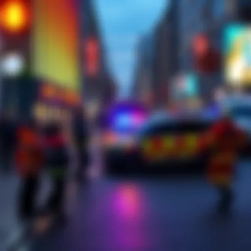 A street in the city with emergency responders attending to an accident, surrounded by onlookers.