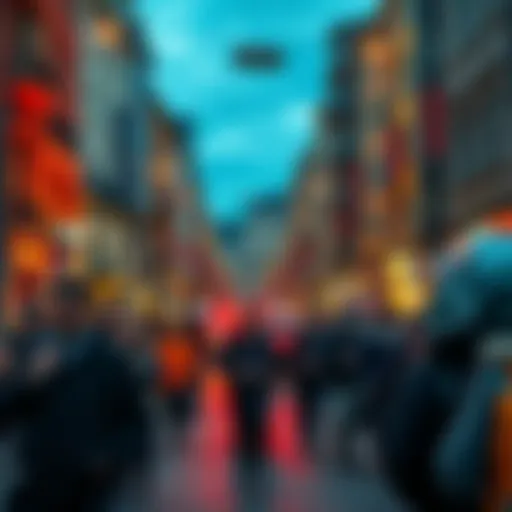 A city street filled with worried residents reacting to recent tragic events, showcasing a sense of fear and confusion.