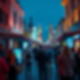 People enjoying various events and activities in a lively city setting on a Tuesday night
