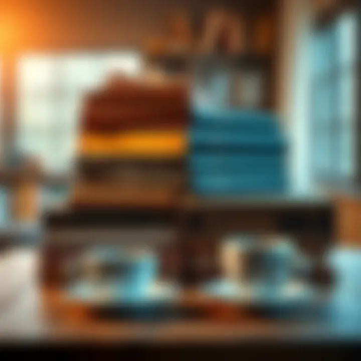 A collection of classic literature books stacked on a wooden table with a coffee cup beside them.