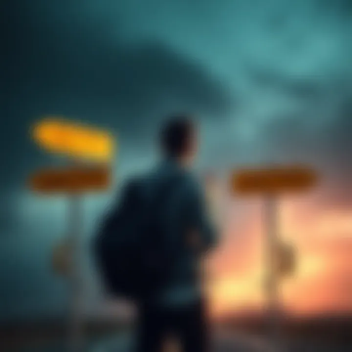 A person confidently making a decision at a crossroads with signs pointing in different directions.