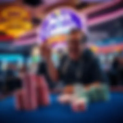 A happy gambler celebrating a win at Jack's Casino in Cleveland with stacked chips on a table.