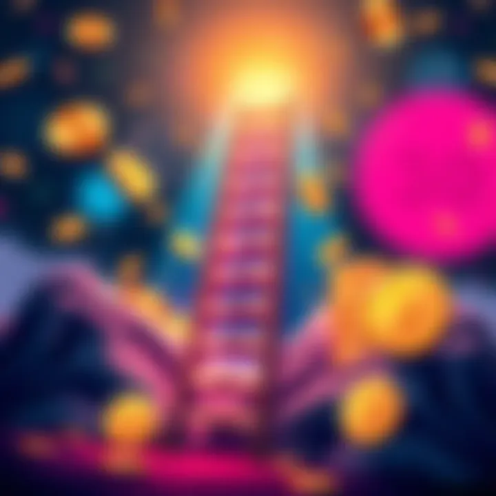 A graphic showing a ladder symbolizing the Climbing Ladder Bonus in casinos, with coins and gaming elements around it