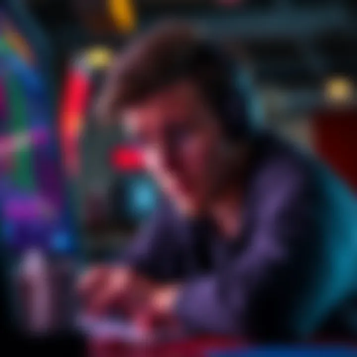 A player looking frustrated while playing a game, surrounded by chips and a screen showing gaming stats.