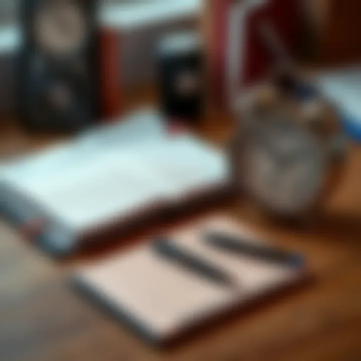 A clock next to an open planner with notes and a pen on a wooden desk