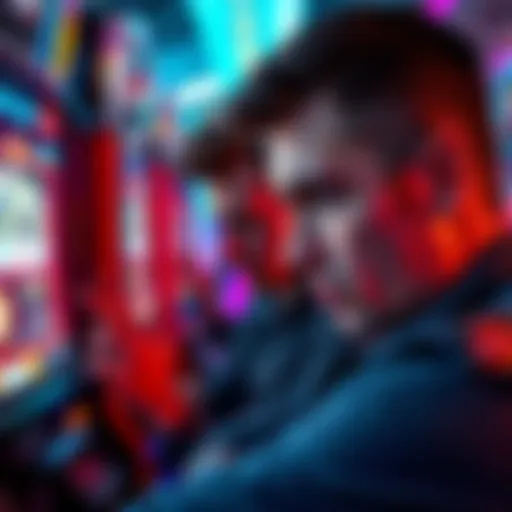 A player reacts to a close loss on a gaming machine, showing disappointment and focus.