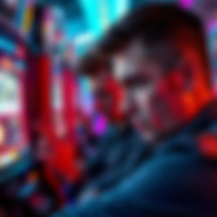 A player reacts to a close loss on a gaming machine, showing disappointment and focus.