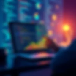 A programmer analyzing new coding trends on a laptop with colorful charts and code snippets