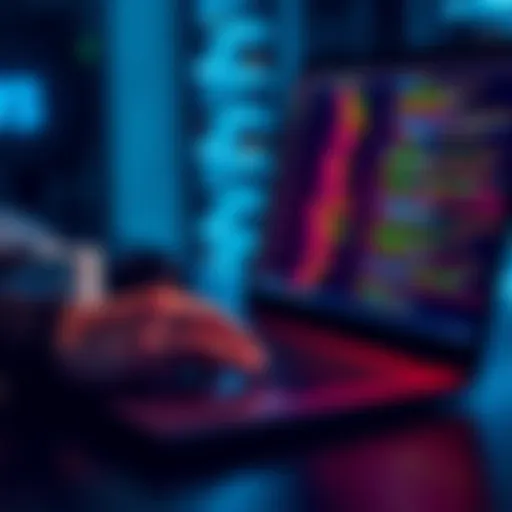 A programmer typing code on a laptop with lines of code displayed on the screen, emphasizing compact coding without spaces.