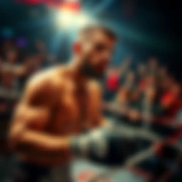 Cody Garbrandt in the Ring Cody Garbrandt fighting in the ring with a focused expression, surrounded by cheering fans looking on.