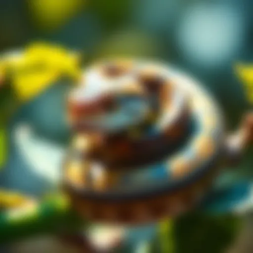 A coiled snake resting on a green branch, showcasing its scales in bright sunlight, with leaves surrounding it