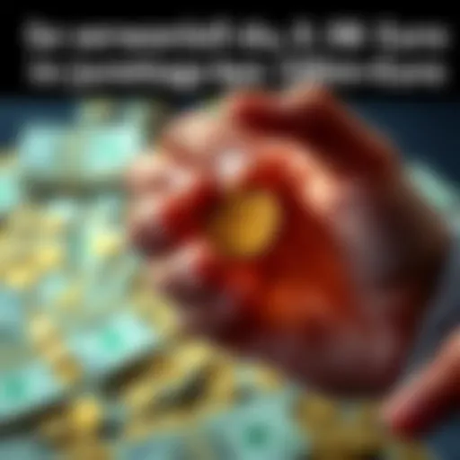 A person holding a coin with a pile of cash in the background, symbolizing transformation from a small amount to a large sum