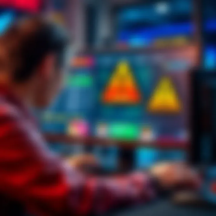 A concerned poker player looking at a computer screen displaying CoinPoker's interface with warning signs