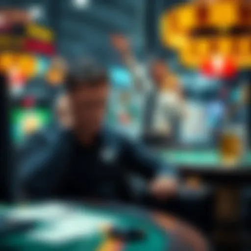 A stressed employee sitting at a desk with a casino theme, looking worried as a successful colleague celebrates a win nearby.