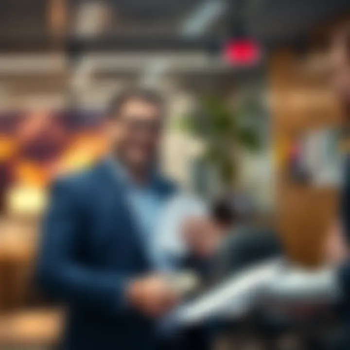 A person happily collecting a cash prize in a New York office setting, with dollar bills and paperwork visible